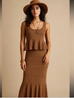 House of Harlow 1960 Brown Knit Peplum Maxi Skirt Set